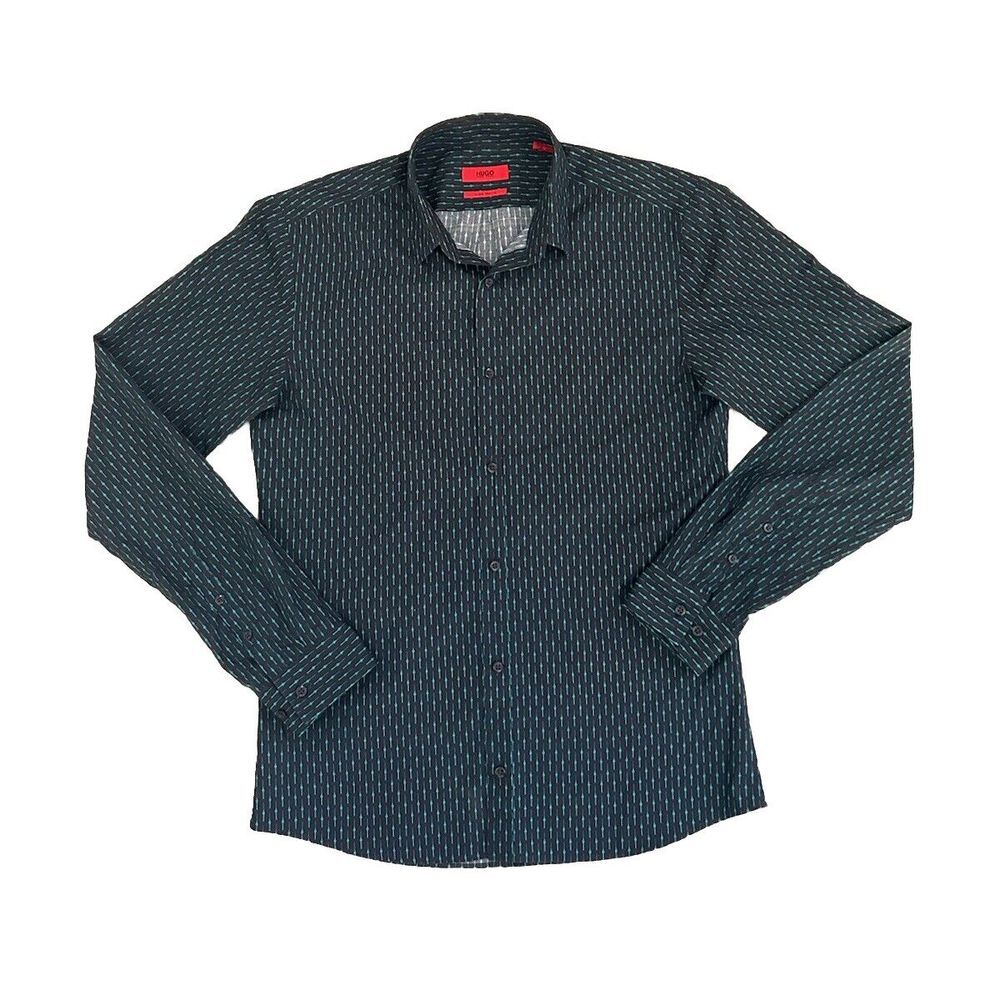 Hugo Boss Extra Slim Fit Men Button Down Cotton Dress Shirt Blue Print Size S